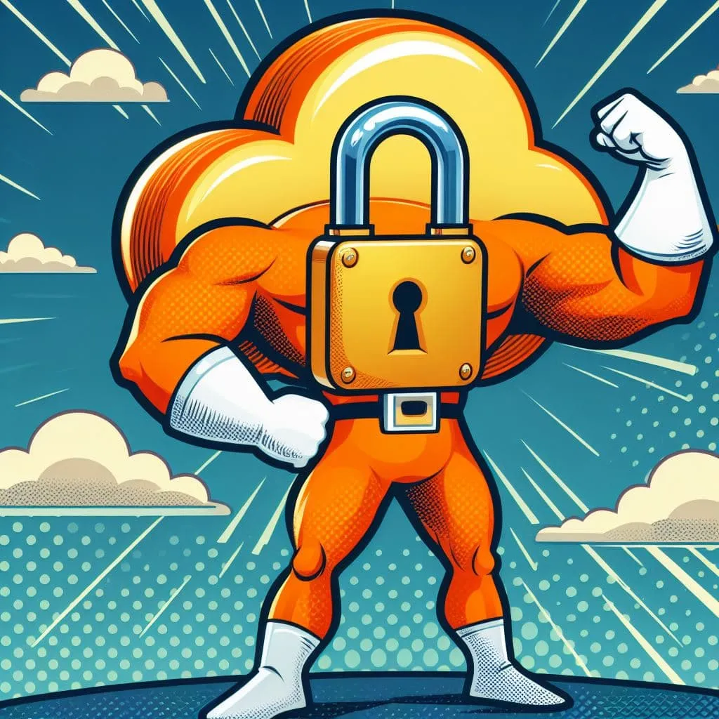 A muscled, headless superhero clad in orange with a padlock on its chest and an orange cloud behind it.