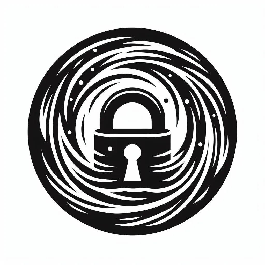A black and white line drawing of a swirling circle around a padlock.