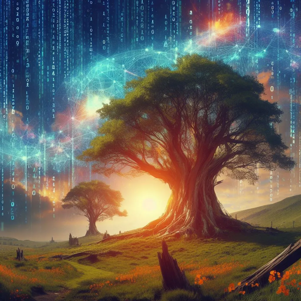 An epic ancient tree with the sun setting behind it, the sky is full of computer code.