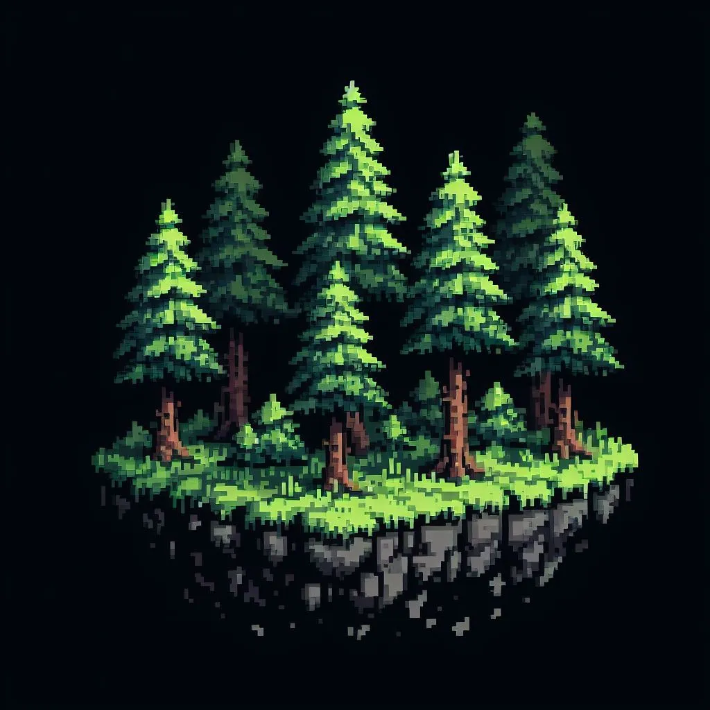 A pixel art rendering of a small chunk of land with some trees on it.