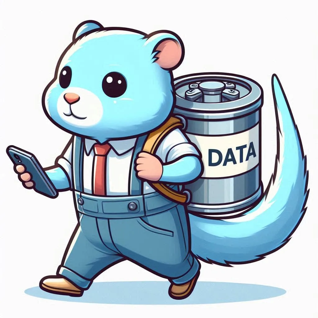 A blue gopher in overalls and shirt and tie walking with a phone and carrying a cylinder with the word DATA on it.