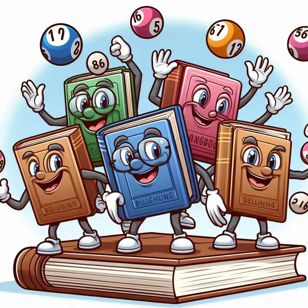 A group of humanized books smiling and waving with bingo balls in the air.