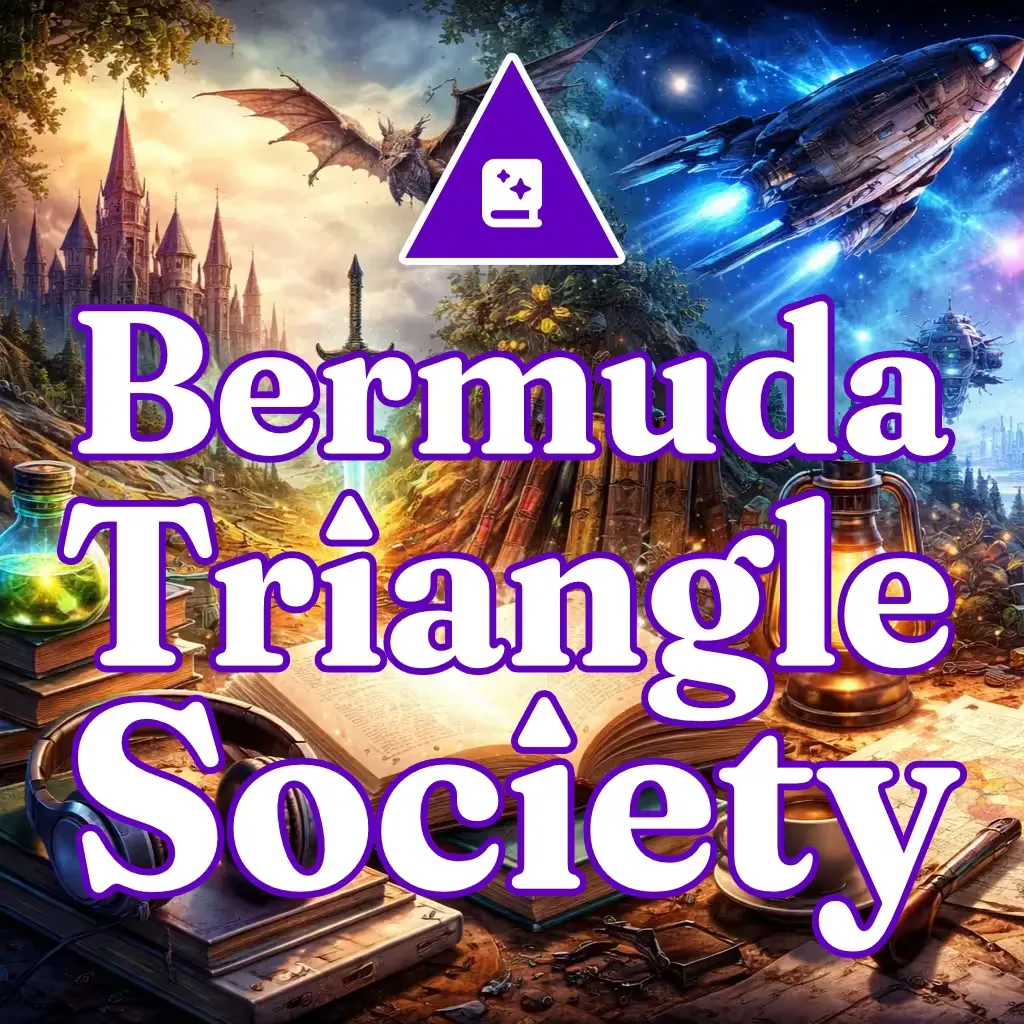 Bermuda Triangle Society in front of an image of dragons and spaceships.