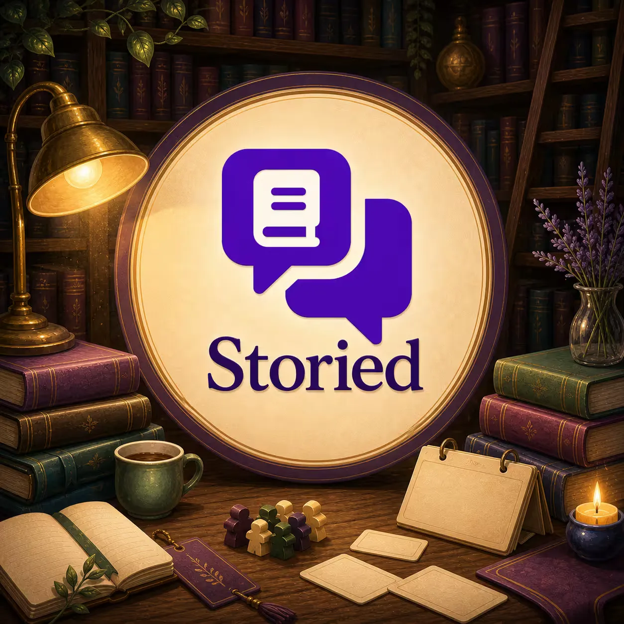 The word Storied with a logo of chat bubbles containing a book, all in a circle within a cozy library scene.