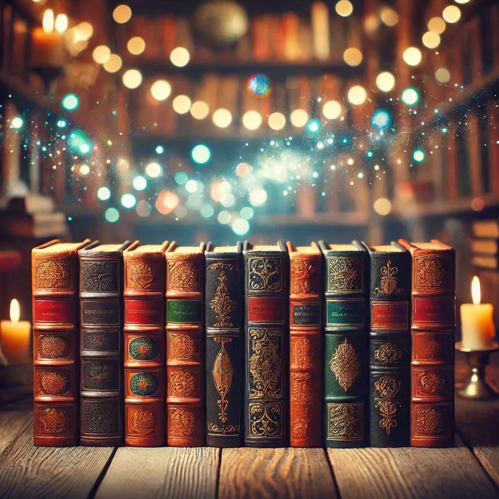 A row of ornate leather bound books with some sparkling bokeh lights in the background.
